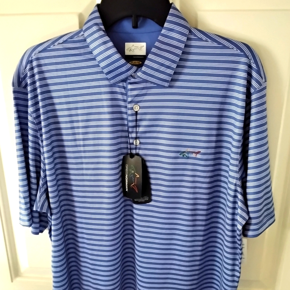 Greg Norman Men’s Play-Dry Polo, Blue with White Stripes, Size Large